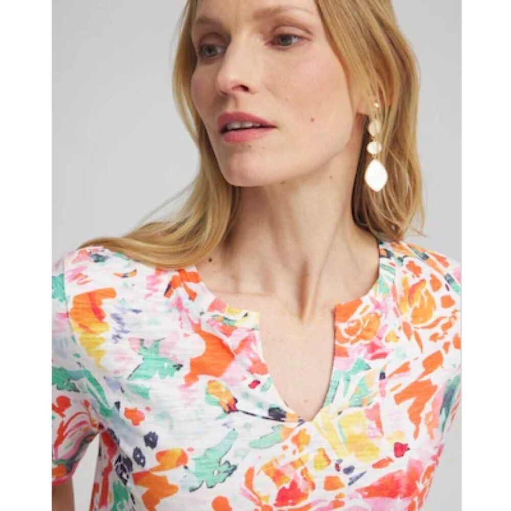 Chico's Abstract Notch Neck Tee Size 2 (12) LIKE NEW - Picture 2 of 14